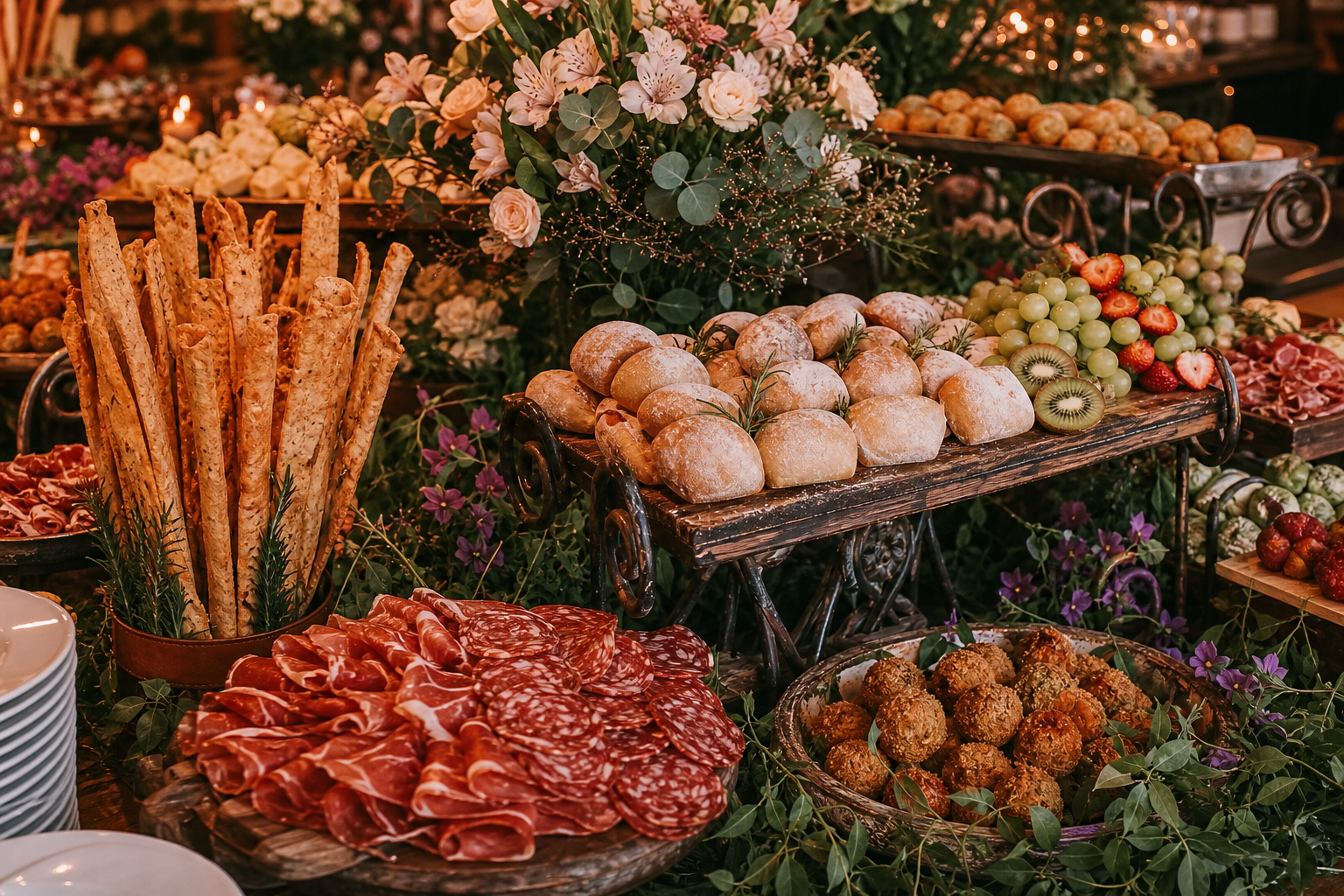 Mesa de antepastos com pães, frutas, frios e arranjos florais